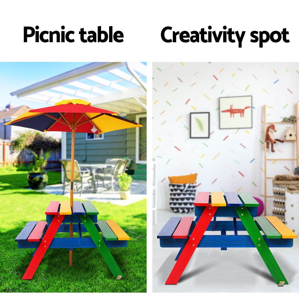 Keezi Kids Wooden Picnic Table Set featuring a colorful table, two benches, and a sturdy umbrella, perfect for outdoor play.